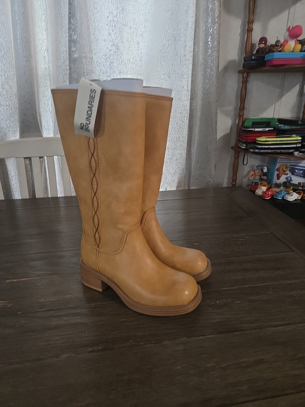 Knee-High Tan Block Heel Riding Boots - Picture 6 of 14